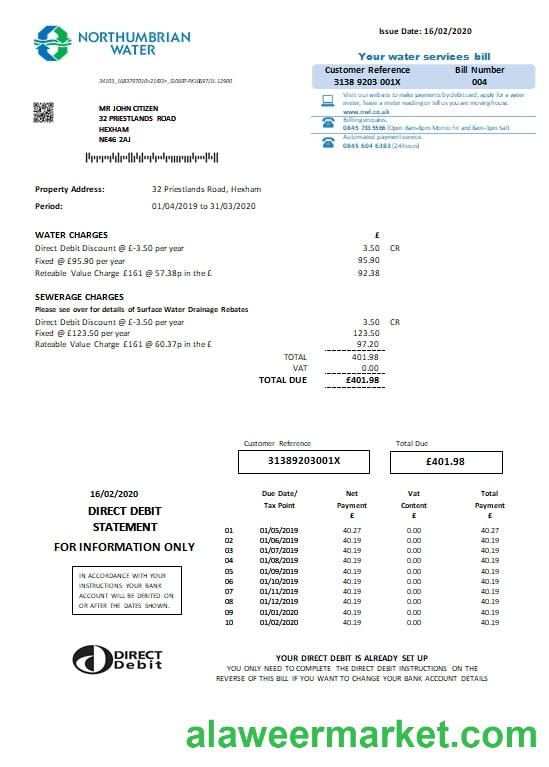 United Kingdom Northumbrian Water utility bill template in Word and PDF format, version 2